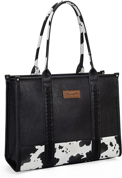 Wrangler by Montana West tote purse designed for the modern explorer.
Cow print pattern and whipstitch design adds a touch of western flair to this Wrangler purse, a special combination of wildness and elegance.
The handbag is equipped with upgraded hardware and a sturdy zipper, ensuring its durability for prolonged use. Cow Print Purse, Large Tote Purse, Western Handbags, Wrangler Accessories, Western Purses, Designer Top, Printed Purse, White Cow, Top Handle Handbags