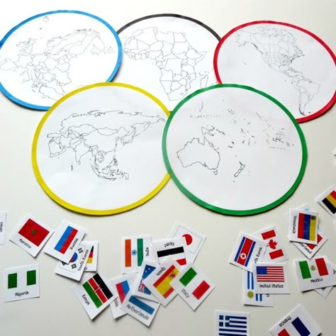 FREE printable of Olympic Rings with continents and Olympic country sort Olympic Games For Kids, Olympic Idea, Olympics Party, Kids Olympics, Olympic Crafts, Kids New Years Eve, Olympics Activities, Continents And Countries, Olympic Theme