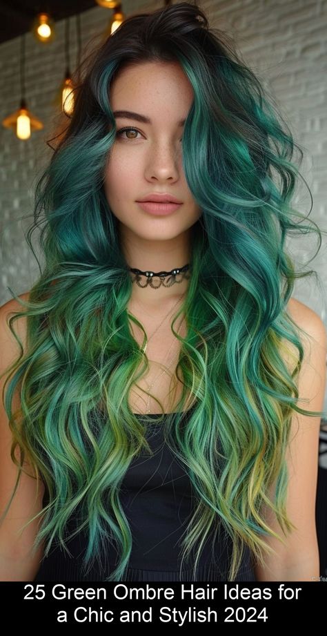 A green ombre offers a fresh and vibrant take on the traditional ombre. This colorful hairstyle seamlessly transitions from your roots to a stunning shade of green, creating a stylish and on-trend look. The key #dyed #hair Green Strands Hair, Green Ombre Hair, Green Hair Ombre, Ombre Hair Ideas, Hair Melt, Emerald Hair, Gradient Hair, Hair Color Options, Blonde Roots