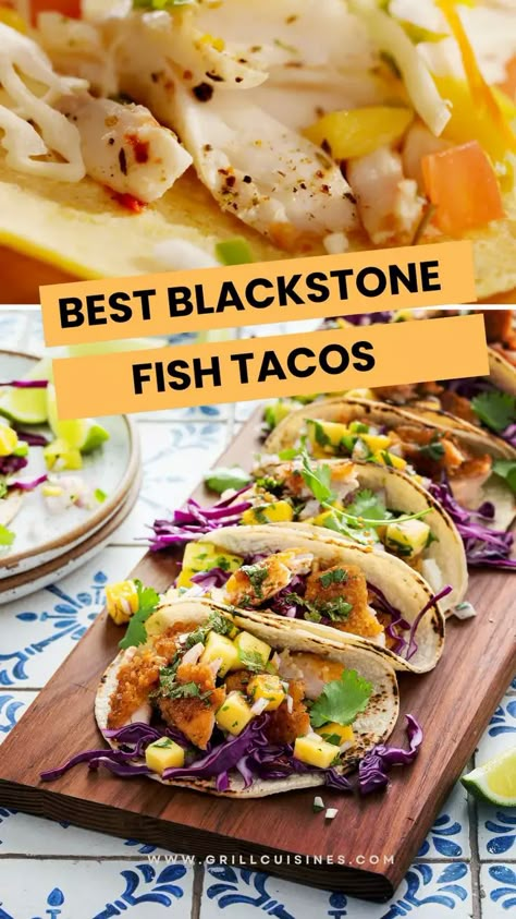 Blackstone Fish Tacos Recipe - Grill Cuisines Fish Tacos Blackstone, Cod On The Blackstone, Tacos On Blackstone, Blackstone Fish, Blackstone Ideas, Blackstone Meals, Cod Fish Tacos, Outdoor Griddle Recipes, Black Stone Recipes