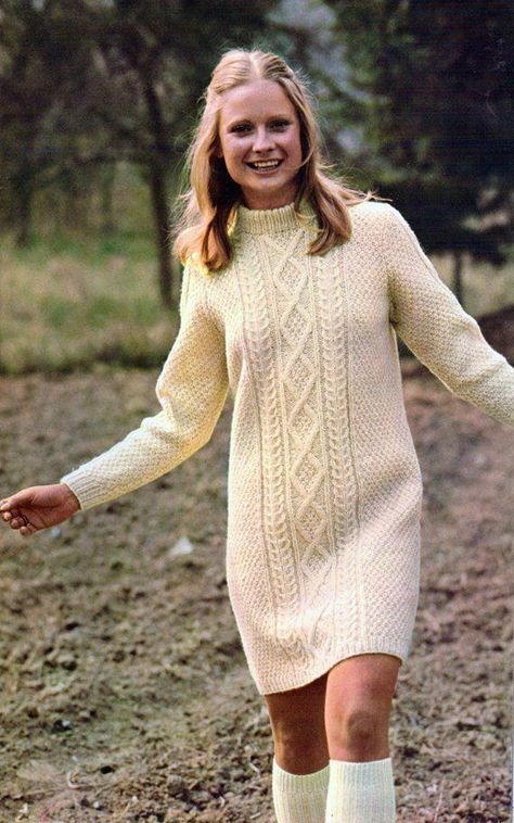 f337d999d9ad116a7b4f3d409fcc6480desc37116527ri Aran Dress, Sweater Dress Pattern, Aran Knitting Patterns, Knit Dress Pattern, White Sweater Dress, Aran Sweater, Warm Dresses, Vintage Knitting Patterns, Retro Mode