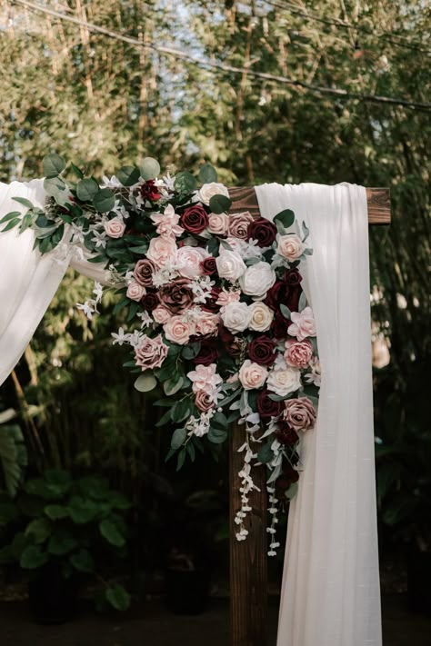 Rose Wedding Arch, Pink And Burgundy Wedding, White Wedding Arch, St Pete Wedding, Burgundy And Blush Wedding, Moody Florals, Pink And White Weddings, Light Pink Wedding, Maroon Wedding