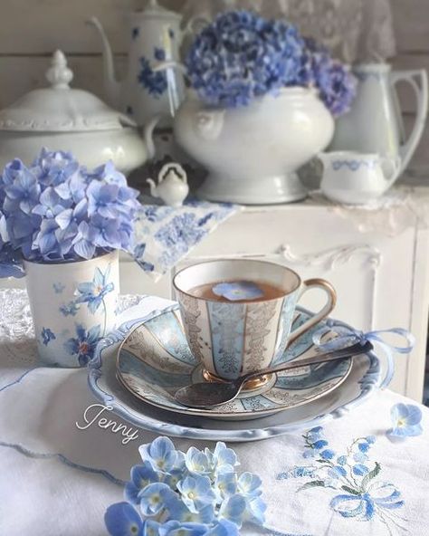 💠Jenny💠 (@jennybrassmit) • Instagram photos and videos Teacup Aesthetic, Powder Blue Wedding, Blue Tea Cup, Blue Hydrangeas, Blue Tea, Blue Cottage, Tea Party Bridal Shower, Bridal Shower Tea, China Tea Sets