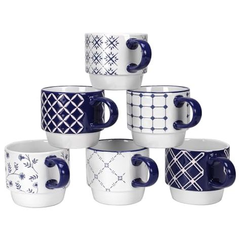 Schliersee Stackable Ceramic Coffee Mugs set of 6, 12Oz Geometric Floral Pattern Mug, Blue and White Porcelain Coffee Mug, Stacking Coffee Mugs, Tea Mug, Water Cup, Dishwasher Safe, Microwave Safe Coffee Cup Sizes, Stacking Mugs, Coffee Mugs Set, Pattern Mug, Mugs Design, White Coffee Cups, Minimal Space, Geometric Pattern Design, Coffee Cup Set