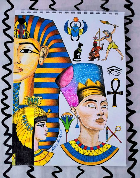 Paintings From Ancient Egypt, Ancient Egyptian Art Design, Queen Nefertiti Drawing, Egypt Art Drawing, Ancient Egypt Art For Kids, Ancient Egypt Drawing, Ancient Egyptian Drawing, Ancient Egypt Painting, Egyptian Art Drawing