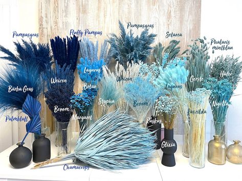 Blue Pampas, Wedding Teal, Grass Centerpiece, Dark Blue Wedding, Grass Wedding, Blue Wedding Flowers, Blue Themed Wedding, Light Blue Flowers, Dry Flower