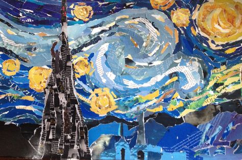 Starry Night Collage Art, Starry Night Collage, Night Collage, Dadaism Art, Homework Tips, College Assignment, Landscape Collage, Starry Starry Night, Starry Night Art