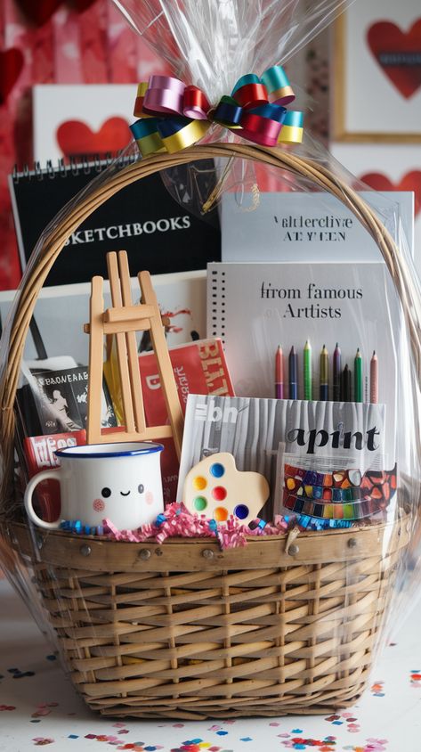 Wrap up your love with an art-inspired Valentine’s basket! From sketchbooks to decorative aprons, it’s the perfect gift for the artistic soul in your life. 🖍️ Add some fun art magazines and watch her creativity blossom! 🌸🎁 Stationary Gift Basket Ideas, Galentines Gifts Idea Diy, Valentines Gift For Coworkers Diy, Burr Basket Ideas, Art Gift Basket, Cheap Gift Ideas, Creative Gift Baskets, Valentine Baskets, Valentine's Day Gift Baskets