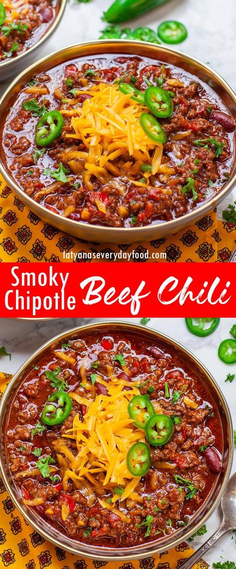 Smoky Chipotle Beef Chili (video) - Tatyanas Everyday Food Chipotle Chili Recipe, Chili Video, Chili Recipe Video, Chipotle Beef, Cauliflower Chowder, Ground Beef Chili, Southwestern Recipes, Beef Chili Recipe, Bacon Cauliflower