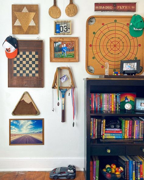 Annisa Olsson Jones on Instagram: “Swipe for a closeup of the new art I made out of a pool ball rack! It’s a fun addition to this gallery wall with a loose vintage game…” Family Games Room, Pool Ball Decor, Games On Wall, Games Room Ideas, Vintage Game Room, Billiard Green, Game Corner, Hilltop House, Apartment Things