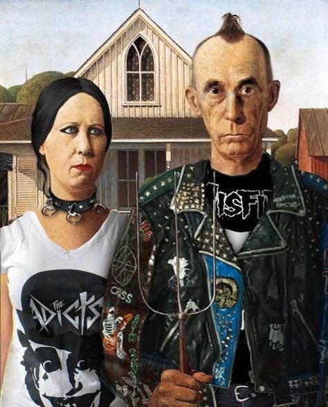 Grant Wood American Gothic Art parody Painting. Punk Punks Punx Misfits Adicts Leather Jackets Mohawk. American Gothic Parody, Grant Wood American Gothic, Front Of A House, Grant Wood, Art Beat, Arte Punk, Robert Rauschenberg, American Gothic, Art Parody