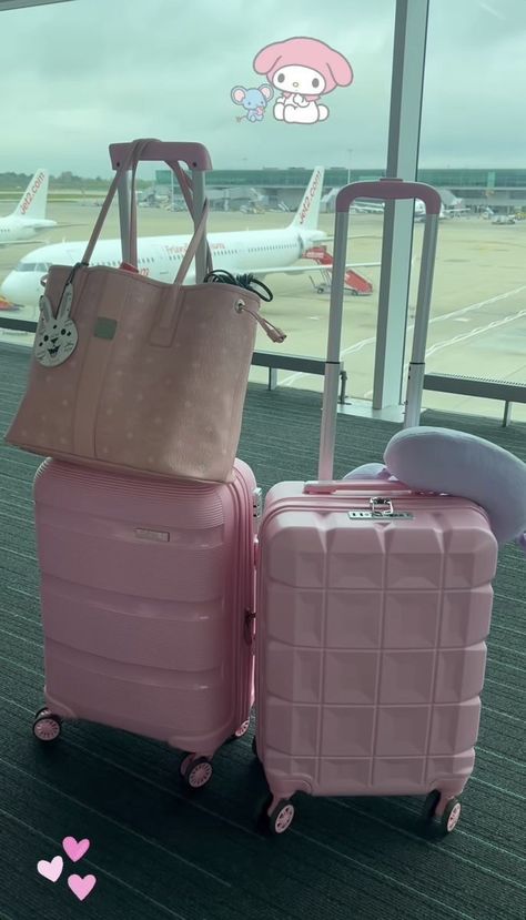 Girly Luggage, Aesthetic Suitcase, Mom Bag Essentials, Luggage Aesthetic, Travel Instagram Ideas, Pink Suitcase, Everything Will Be Fine, Packing Bags Travel, Airport Aesthetic