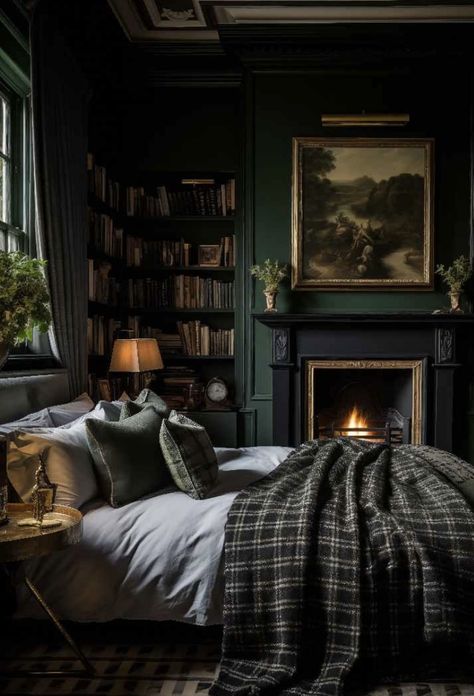 Dark Green Aesthetic Room, Dark Cozy Room, Dark Academia Aesthetic Bedroom, Black Room Aesthetic, Dark And Moody Bedroom, Moody Bedroom, Dark Home Decor, Dark Green Aesthetic, Bedrooms Ideas