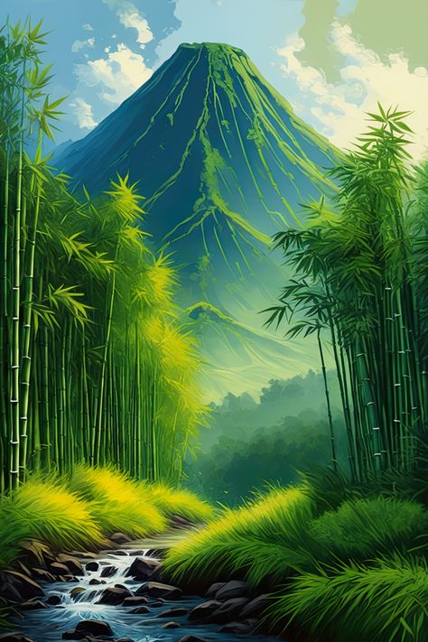 A dormant giant rests—an imposing volcano blanketed in lush green grass, a slumbering sentinel over a picturesque valley. Below, a charming bamboo forest envelops the landscape, inviting serenity. A symphony of contrasts, where the majestic and the tranquil converge in harmonious beauty. Bamboo Landscape Painting, Gcse Art Landscapes, Lush Green Landscape, Bamboo Forest Drawing, Volcano Poster, Nature Mural, Bamboo Landscape, Japanese Forest, Forest Drawing