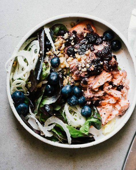 Learn how to make Blueberry Balsamic Salmon Salad with instructions, tips, and more on Sprouted Kitchen Cooking Club. Emotionally Stunted, Balsamic Salmon, Blueberry Balsamic, How To Say I Love You, Whole Chickens, Blueberry Salad, Blueberry Sauce, Cooking Club, Beach Meals