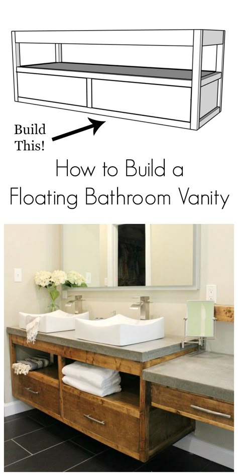 Build your own DIY floating bathroom vanity with these free plans!  Simple modern design makes a great statement piece in a bathroom remodel.  Built from common construction lumber and easy joinery, this is an easy DIY project to tackle. Diy Vanity Bathroom How To Build, Custom Bathroom Vanity Plans, Diy Bathroom Vanity Cabinet, Diy Floating Vanity, Bathroom Vanity Plans, Floating Sink Vanity, Diy Bathroom Vanity Plans, Floating Vanity Bathroom, Pallet Deck Diy