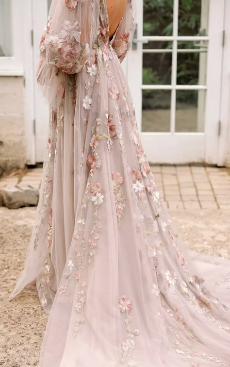 Colorful Floral Lace Boho Wedding Dress with Blouson Sleeves Long Sleeve Wedding Dress Boho, Wedding Dresses Whimsical, Boho Wedding Gowns, Embroidered Wedding Dress, Essense Of Australia, Floral Wedding Dress, Boho Wedding Dress Lace, Wedding Dresses With Flowers, Fairy Wedding