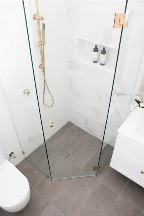 Small En Suite, Marble Feature Wall, Shaker Style Vanity, Tiny Shower Room, Brushed Brass Tapware, Small Bathroom Renos, Frameless Shower Screen, Brass Tapware, Small Ensuite