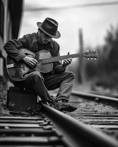 ↑↑↑ Larger size on website 🔸 A man in a hat sits on a railroad track, playing a guitar. He is in a relaxed pose, leaning slightly Classical Guitar Photography, Aesthetic Acoustic Guitar, Musician Photoshoot Ideas, Musician Poses, Guitar Pose, Guitar Poses, Filmmaking Ideas, Senior Recital, Relaxed Pose