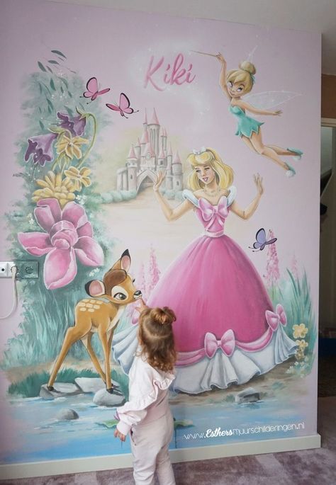 #nursery #walldecoration #wallmural #disney #art #babyroom #disneyprincess Princess Mural, Princess Kids Room, Cinderella Room, Disney Wall Murals, Disney Baby Rooms, Disney Mural, Twin Girls Nursery, Disney Princess Room, Baby Room Themes