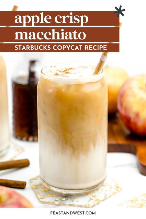 Make a Starbucks copycat Apple Crisp Macchiato drink at home — hot or iced — with your favorite milk and homemade spiced apple syrup. Apple Crisp Macchiato, Fall Coffee Recipes, Apple Syrup, Copycat Starbucks Drinks, Frozen Drinks Alcohol, Starbucks Fall Drinks, Macchiato Recipe, Starbucks Pumpkin Bread, Drink At Home