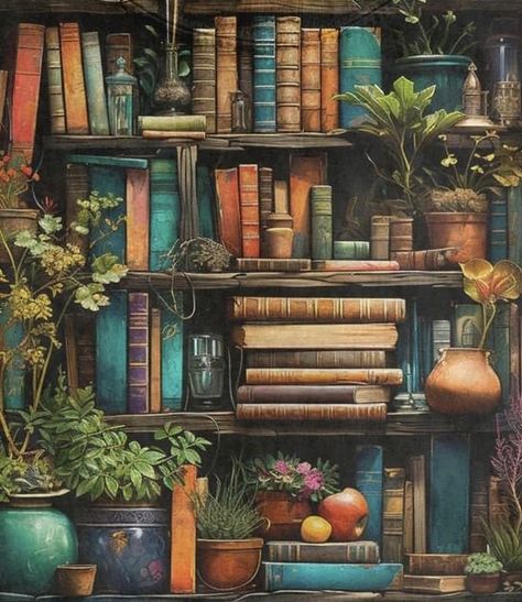 Painting Of A Bookshelf, Bookshelf Painting, Bloom Aesthetic, Painted Bookshelves, Bookshelf Inspiration, Bookshelf Art, Diy Kits For Adults, Library Art, Tea And Books