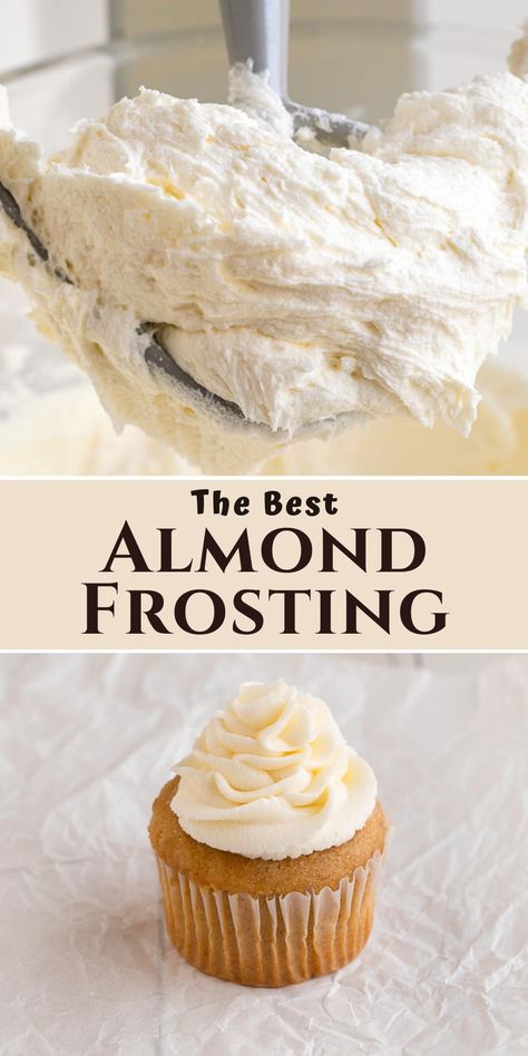 almond buttercream frosting on beater and on cupcake. Stiff Cupcake Frosting, Best Almond Buttercream Frosting, Almond Cake Frosting Recipe, Almond Extract Frosting, Almond Flavored Icing, French Frosting Recipe, Almond Wedding Cupcakes, Not Sweet Frosting Recipes, Almond Frosting Recipe