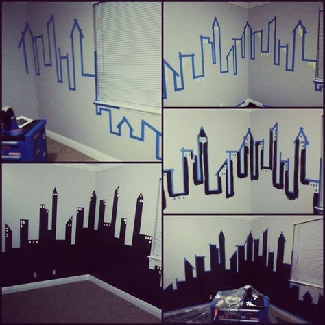 Phases of Gotham City for my son's Batman room. Step one, tape... 2 Windows, 3 cut in,4 add tape for Windows, 5 role on the black... tip, remove tape while paint is still wet. Batman Themed Room, Batman Themed Bedroom, Batman Room Decor, Batman Bedroom, Batman Room, Batman Decor, Ideas Habitaciones, Superhero Bedroom, Cool Kids Bedrooms