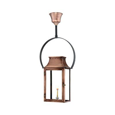 Longshore Tides This fixture like the Bienville, has a tall narrow appearance. It is perfect for homes and offices merging a class look of warmth and comfort with contemporary design. Its solid top gives you another look on a classic themed lantern | Longshore Tides Manila Aged Copper 40" H Half Yoke, Metal in Copper/Black, Size Large (18+") | Wayfair Primo Lanterns, Copper Hanging Lights, Copper Lantern, Outdoor Chandelier, Large Lanterns, Outdoor Lantern, Gas Lanterns, Aged Copper, Outdoor Hanging Lanterns