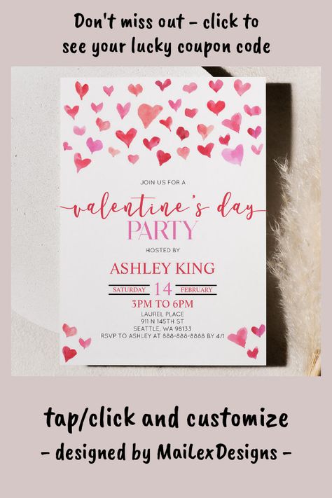 Printable Friends, Valentinstag Party, Galentines Party, Valentine's Day Party, Online Digital, Friends Valentines, Brunch Invitations, Watercolor Heart, Valentines Party