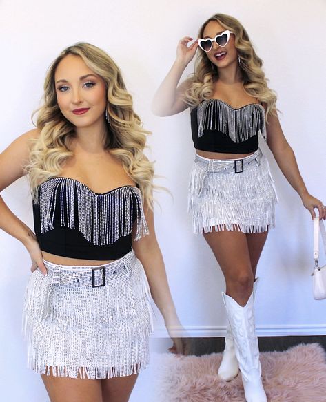 Diy Rhinestone Fringe Top, Rhinestone Fringe Outfit, White Fringe Skirt Outfit, White Nashville Outfit, White Fringe Outfit, Rhinestone Skirt Outfit, Rhinestone Cowgirl Outfits, Sparkly Boots Outfit, Fringe Top Outfit