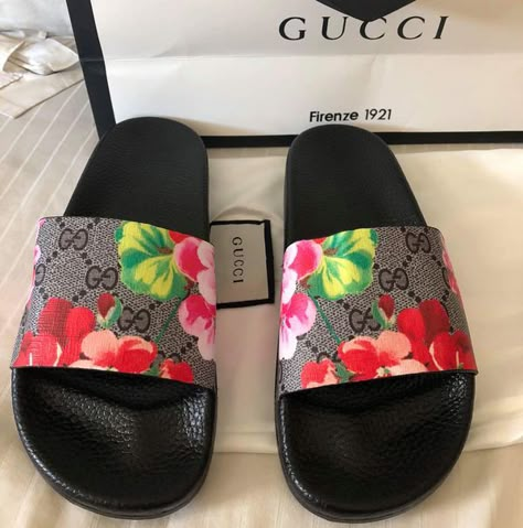 Gucci Floral Slides Only Available at Www.Bxdgirlboutique.com 🛒 Floral Gucci Slides Outfit, Luxury Gucci Slides For Women, Gucci Luxury Flat Heel Slides, Gucci Blossom Slides, Gucci Slides Women, Gucci Sliders, Gucci Slides Outfit Women, Designer Slides Women, Gucci Flower Slides