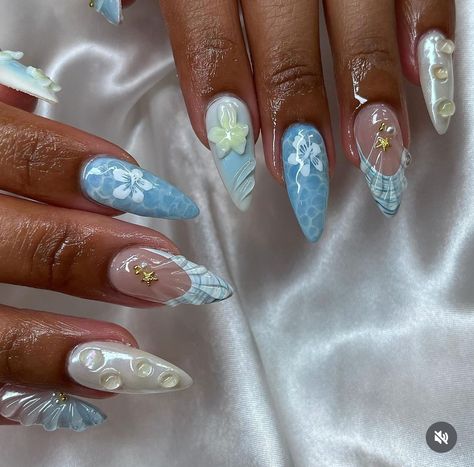 Pool Nails, Short Summer Nails, Seashell Nails, Quartz Nails, Aqua Nails, Beachy Nails, Nail Art 3d, Easy Nails, Summery Nails