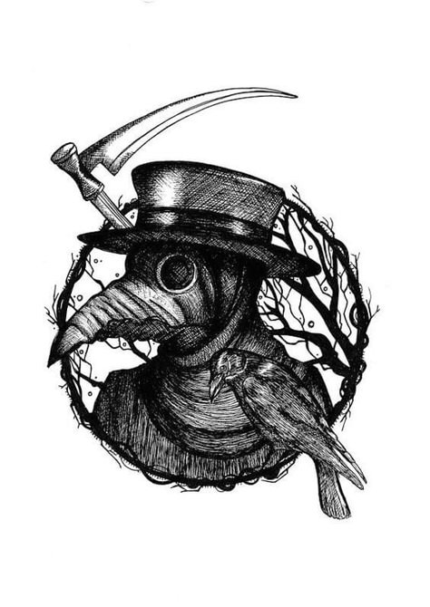 This image shows a spooky drawing of a plague doctor. There is a tree branch which forms a circular border around him with an axe coming from behind. There is a crow sitting on an edge of the circular border. Such a tattoo drawing design is mostly common with middle aged individuals who are looking for some dark enigmatic inspiration. #tattoofriday #tattoos #tattooart #tattoodesign #tattooidea Steampunk Raven, Plague Dr, Doctor Black, Doctor Tattoo, Art Macabre, Horror Prints, Halloween Art Projects, Devil Tattoo, Steampunk Halloween