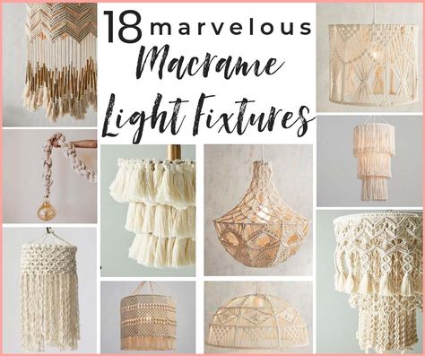 5 DIY macrame lighting projects +14 gorgeous macrame pendant lights you can buy! A shopping guide for the latest lighting craze. Macrame is popular for a good reason! These are ammmazzzing boho pendants! #macrame #boholighting #boholightingideas #macramelights #macramependantlight #macramependantlights #bohochic #bohochiclighting #macrameshoppingguide #macramelightshade #macramelightpendant #macramedecor Macrame Ceiling Light, Macrame Lamp Diy, Diy Macrame Chandelier, Macrame Lamp Shade Diy, Diy Pendant Light Shade, Macrame Lighting, Flower Lampshade, Macrame Lampshade, Macrame Light