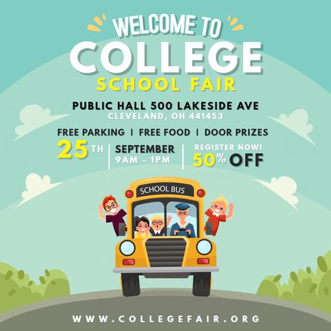 School Travel Fair Online Invite with illustrations College Trip Poster, Back To School Invitation, Open House School, Tutoring Flyer, Bus Trip, School Open House, Scholastic Book Fair, School Fair, Invitation Layout