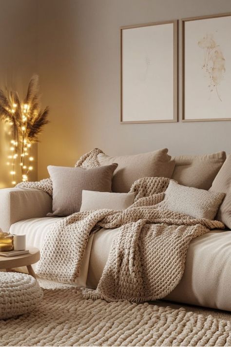 Create a cozy living room with warm neutral tones, perfect for a welcoming and inviting space. #WarmNeutrals #CozyLivingRoom #HomeDecor Inviting Living Room, Cozy Living Room Design, Warm Aesthetic, Beige Living Rooms, Neutral Room, Neutral Aesthetic, Cozy Living Rooms, Cozy Living, Neutral Tones