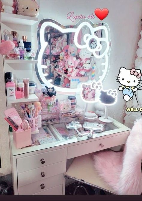 Hello Kitty Teen Room, Hello Kitty Room Ideas Bedrooms, Hello Kitty Room Decor Bedroom Ideas, Hello Kitty Aesthetic Room, Hello Kitty Themed Room, Cute Vanity Mirror, Hello Kitty Bedroom Ideas, Hello Kitty Room Ideas, Hello Kitty Vanity