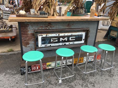 Repurposed truck tailgate bar by Southern Boy Primitives Tailgate Bar, Rustic Man Cave, Tailgate Bench, Car Part Furniture, Automotive Furniture, Truck Tailgate, Home Bar Accessories, Car Furniture, Man Cave Basement