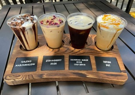 Orlando Food & Drink Flights you have to try - Stuff to Do | UNATION City Guides Coffee Shop Recipes Food, Iced Coffee Flight Board, Mobile Cafe Food Truck, Coffee Catering Ideas, Coffee Flights Diy, Food Truck Must Haves, Orlando Coffee Shops, Drink Business, Food Truck Drinks