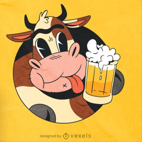 Funny Cow Illustration, Cow Graphic Design, Funny Cow Drawing, Cows Illustration, Drinking Illustration, Beer Merch, Funny Logos, Cow Character, Cow Cartoon