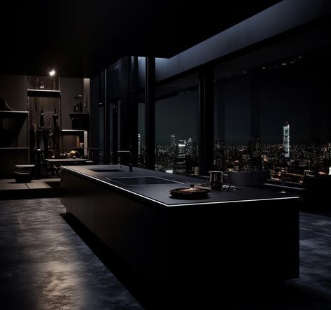 #blackhouse #house #batman Dark Modern House Interiors, Black House Aesthetic, City Apartment Aesthetic, Penthouse Decor, Dark Modern House, Dark Homes, New York City Penthouse, Mansion Plans, Black Interiors