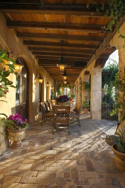 Hacienda Style Patio, Mexican Patio Ideas, Spanish Backyard, Patio Decor Ideas, Covered Back Patio, Pavers Backyard, Dream Patio, Mexico House, Hacienda Style