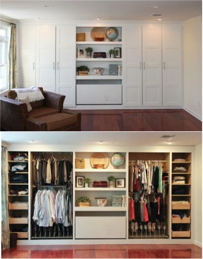 diy built in closet. so well organized! need spot for full length dresses and tv Clothes Bedroom, Storage For, Makeup Bedroom, Storage Cute, Bedroom Wardrobe Ideas, Storage Apartment, Smart Bedroom, Cute Bedroom, Diy Wardrobe