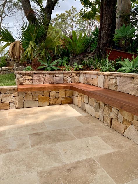 Sandstone Tiles Outdoor, Backyard Travertine Pavers, Small Stone Wall Garden, Sandstone Retaining Wall Pool, Stone Walled Garden, Tiled Retaining Wall, Yard Stone Ideas, Stone Wall Patio, Sandstone Wall Garden