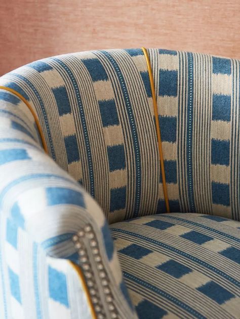 Two Fabric Chairs Upholstery, Rust Upholstery Fabric, Armchair Fabric Ideas, Armchair Upholstery Ideas, Colorful Upholstery Fabric, Home Textile Design, Fermoie Fabric, Kirkby Design, Kit Kemp