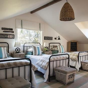 End to End Built In Twin Beds with Shiplap Walls - Cottage - Boy's Room Built In Twin Beds, Patchwork Quilt Bedding, Shared Boys Bedroom, Beds With Drawers, Blue Striped Rug, Blue Boys Bedroom, Boys Shared Bedroom, Purple Duvet Cover, Boys Bedroom Makeover