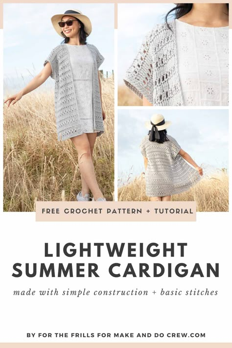 This lightweight crochet cardigan is made from three basic stitches, creating a beautiful lacy texture. Beginners and advanced crocheters alike will find the three-panel construction just as simple. Lion Brand Mako Cotton yarn makes this cardigan breathable, airy and perfect for warmer days. With short sleeves and a stylish tunic length, you'll be grabbing for this sweater all summer long. #makeanddocrew #freecrochetpattern #crochetcardiganpattern Lightweight Cardigan Summer, Modern Haken, Crochet Cardigan Free, Make And Do Crew, Crochet Cardigan Pattern Free, Crochet Wearables, Crochet Kimono, Stylish Tunic, Gilet Crochet