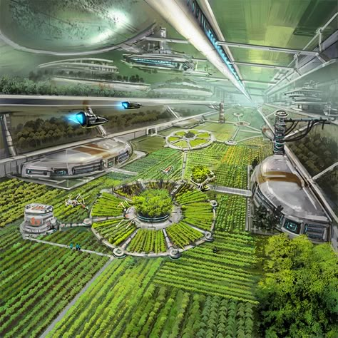 Space-Farms by Odysseusart.deviantart.com on @DeviantArt Science Fiction Design, Spaceship Interior, Sci Fi City, Vertical Farming, Fantasy City, Futuristic Art, Futuristic City, Future City, Science Fiction Art