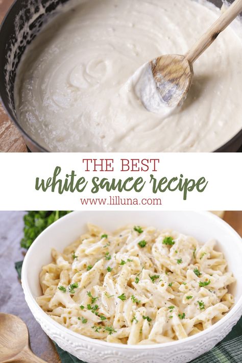 This super simple and delicious white sauce recipe is packed with flavor. This dish is perfect by itself or you can add chicken too! #whitesauce #whitesaucerecipe #pasta #garlicwhitesauce Creamy Garlic Penne Pasta, Chicken Bacon Ranch Bake, White Cream Sauce, Penne Pasta Recipe, Easy White Sauce, White Pasta Sauce Recipe, White Sauce Recipe, Making White Sauce, Best Sauce Recipe